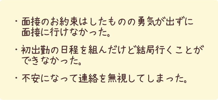 面接のお約束はしたものの勇気が出ずに　面接に行けなかった。・初出勤の日程を組んだけど結局行くことができなかった。・不安になって連絡を無視してしまった。